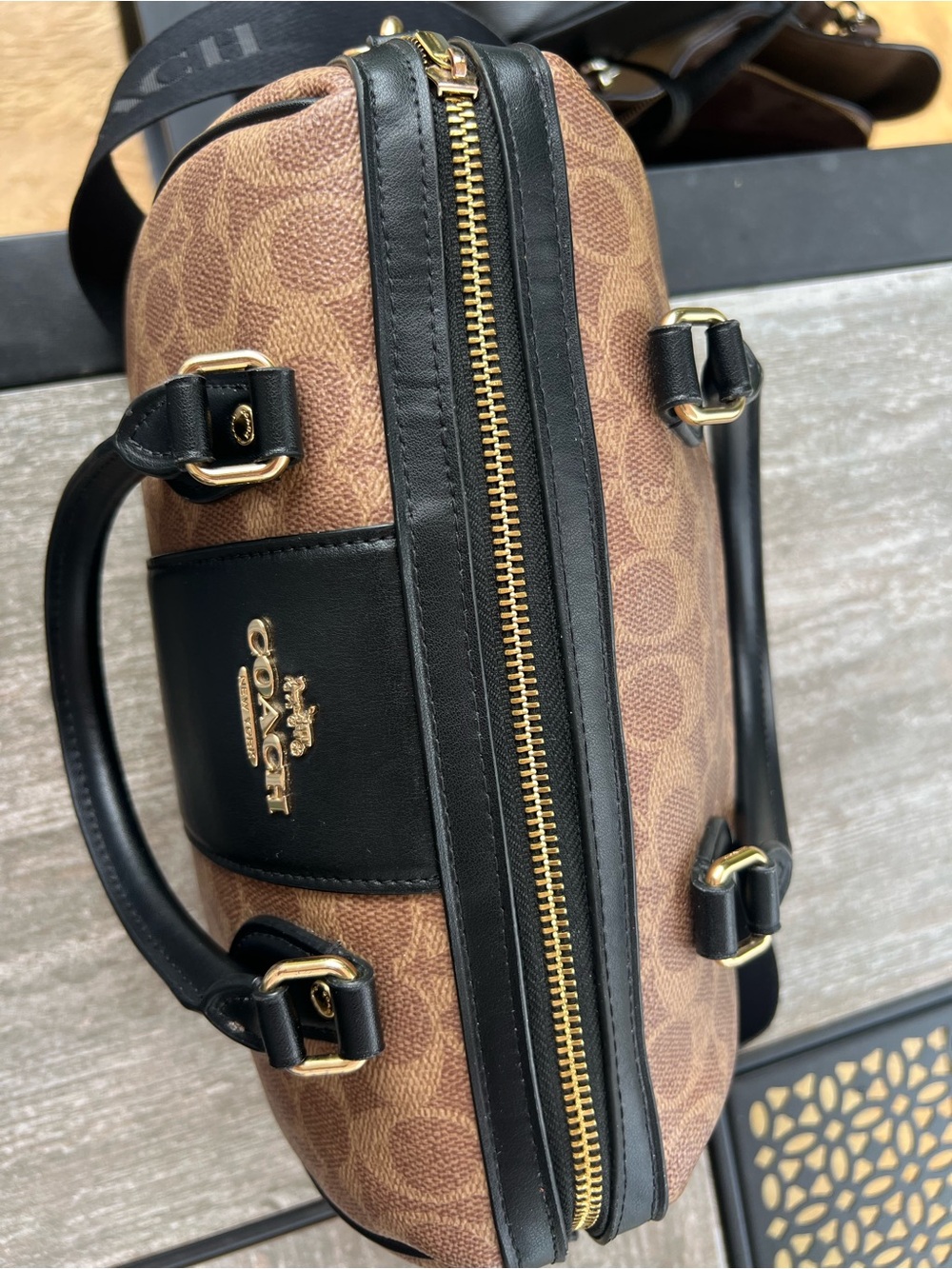 Coach Brown Signature Canvas Barrel Satchel with Black Leather Trim 🤎🖤 - Picture 10 of 16
